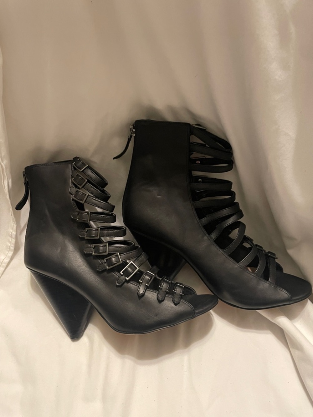 BCBGeneration Black Strappy Cage Ankle Heels